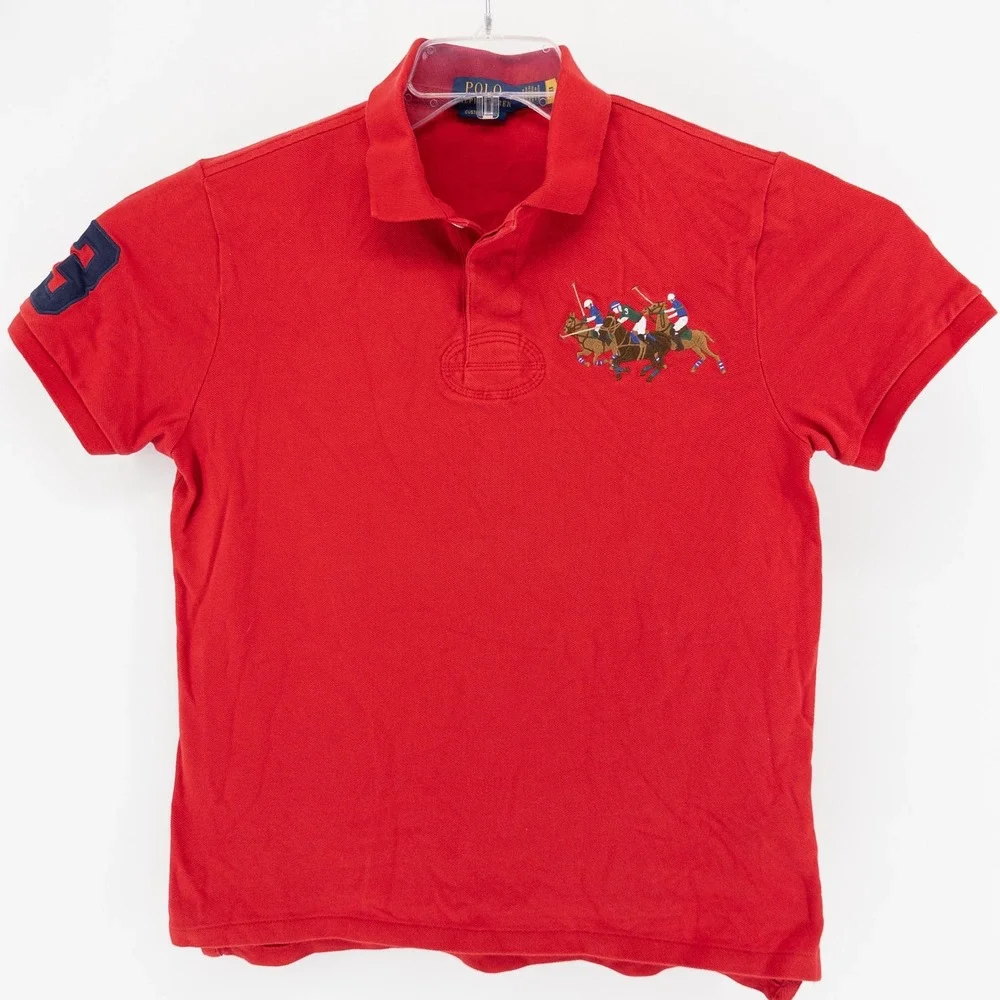 Polo Ralph Lauren Mens M Shirt Red Triple Pony‎ Custom Slim Fit 3 Patch Rugby